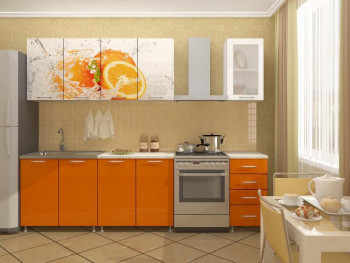 Кухонный гарнитур 1,6м Апельсин (Белый/Оранжевый металлик/Фотопечать апельсин) в Дупленской - duplenskaya.mebel54.com | фото